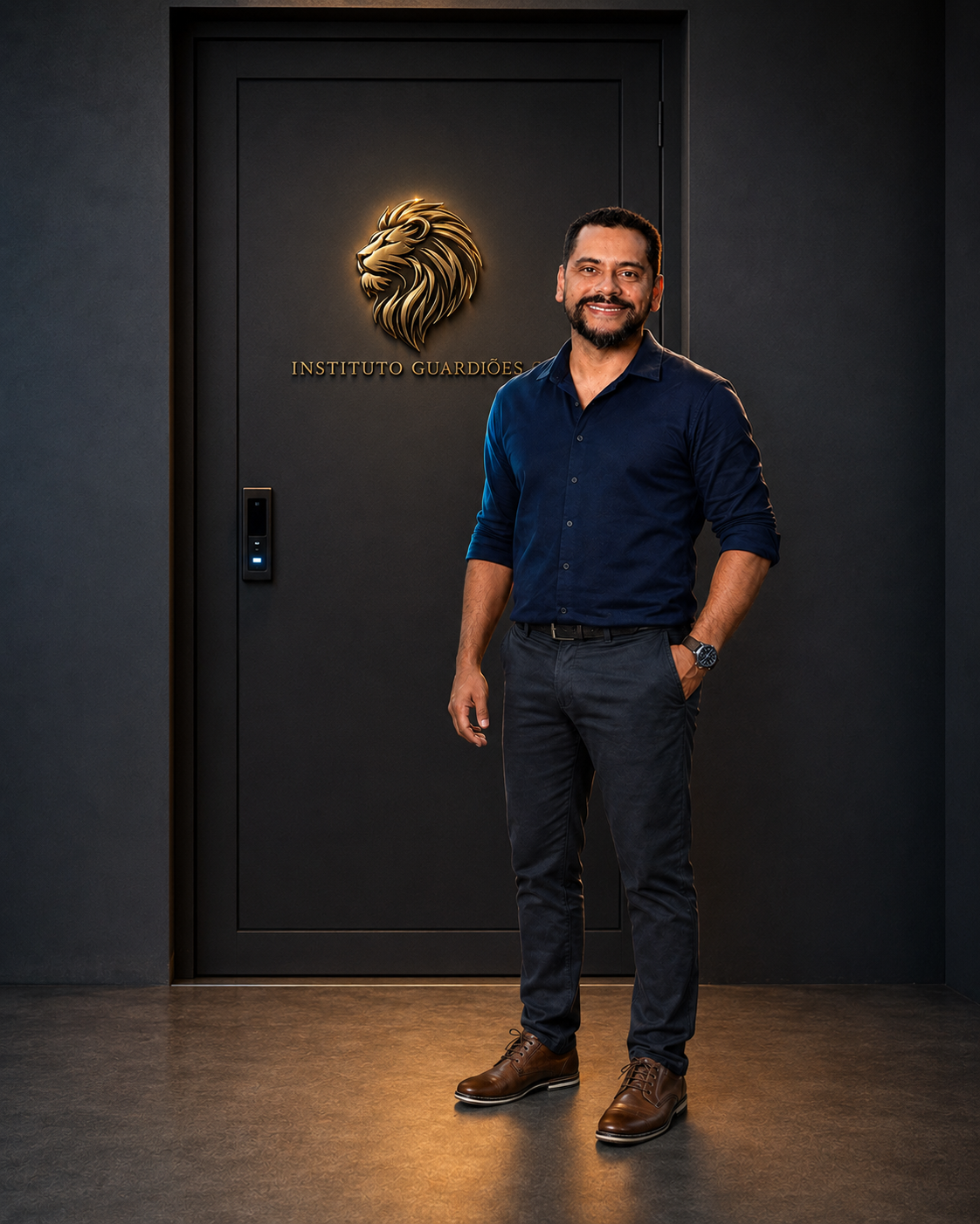 Valdir Marques em pé diante de uma porta com a marca Instituto Guardiões